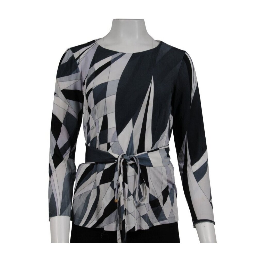 Emilio Pucci Print Long Sleeve Top IT 40 Medium Gray White Viscose Belted Blouse
